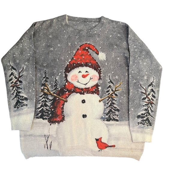 Snowman Cardinal Christmas Holiday Sweater Stretchy Novelty Kidcore Grandma 2X - Picture 1 of 10